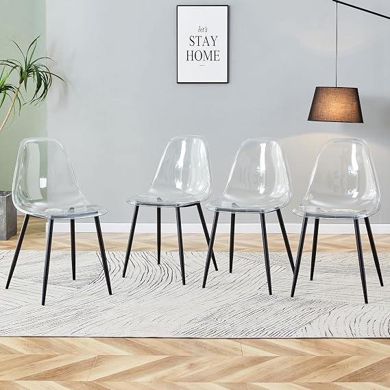Clear Dining Chairs Set of 4, Clear Acrylic Chair with Metal Leg, Modern Kitchen Chairs Ideal for Counter Dining Room Living Room Outdoors Lounge - Black
