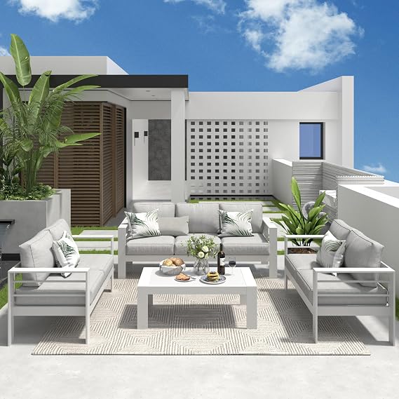 Solaste Aluminum Patio Furniture Set,4 Piece Metal Outdoor Furniture with 5 Inch Water-Resistant Cushions and Coffee Table for Balcony,Front Porch,and Backyard,White