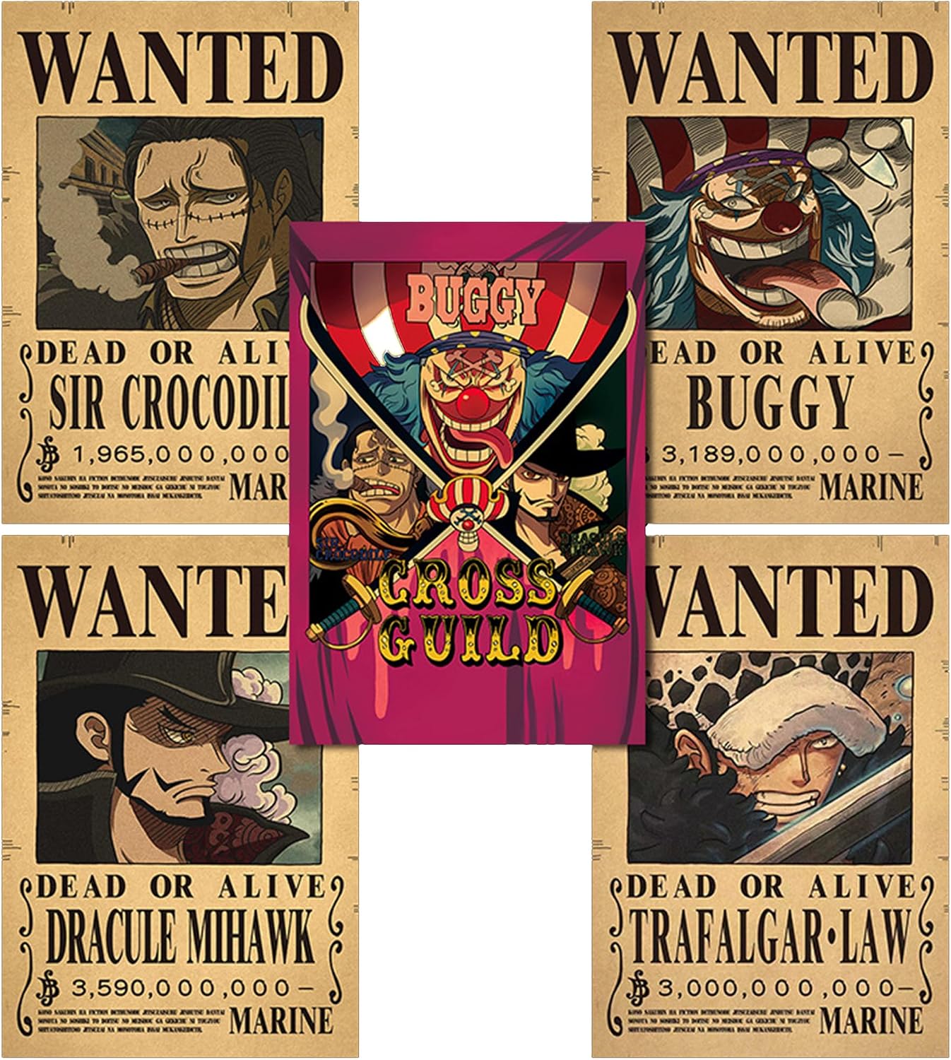 Anime [OP] Wanted Posters ,Cross Guild Wanted Poster， New Bounty Edition, Straw Hat Pirates Crew Nika Luffy 3 Billion, Zoro, Sanji, Sir Crocodile, Buggy, Dracule Mihawk,Anime Gifts Cross Guild