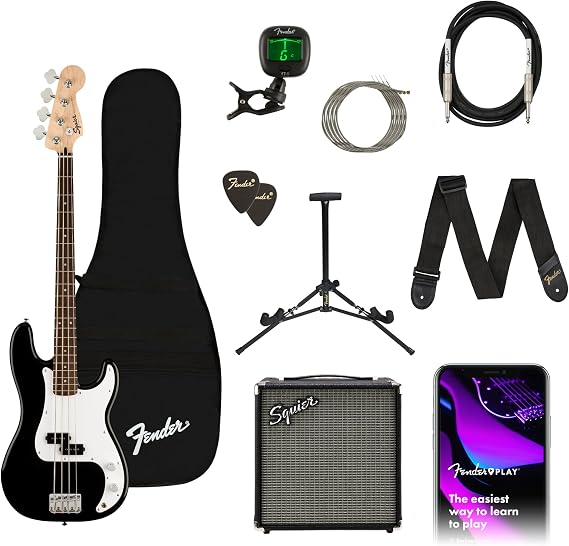 Squier by Fender Bass Guitar Kit, Laurel Fingerboard, Black, Poplar Body, Includes Rumble 15G Amp, Padded Guitar Bag, Cable, Guitar Strap, and More