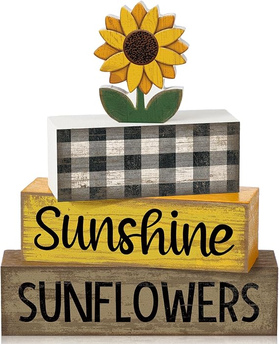 Yuntau 4 Pcs Sunflower Decorations, Wooden Block Sign Tiered Tray Decor