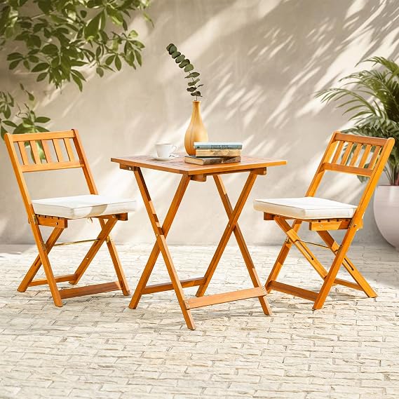 3-Piece Folding FSC Acacia Wood Bistro Set with Cushions, 400 lbs