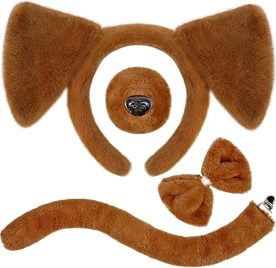 U-Zomir 4Pcs Dog Ears Headband and Tail Nose Bow Tie Set, Brown Puppy Dog Ears Costume Accessories for Women Adult Halloween Carnival Party Supplies