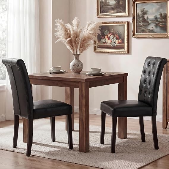 LSSBOUGHT Modern Tufted Dining Chairs, Button Padded Faux Leather Kitchen Chairs with Solid Wood Legs (Black, Set of 2)