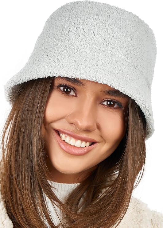 White Fuzzy Bucket Hat for Women - Winter Faux Fur Bucket Hat - Fluffy Sherpa Bucket Hats for Women