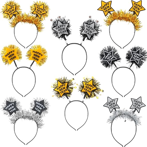 8 Pcs New Year Headband with Golden and Silver Star Happy New Year Headpiece Boppers for Kids Adults New Years Eve Party Favors