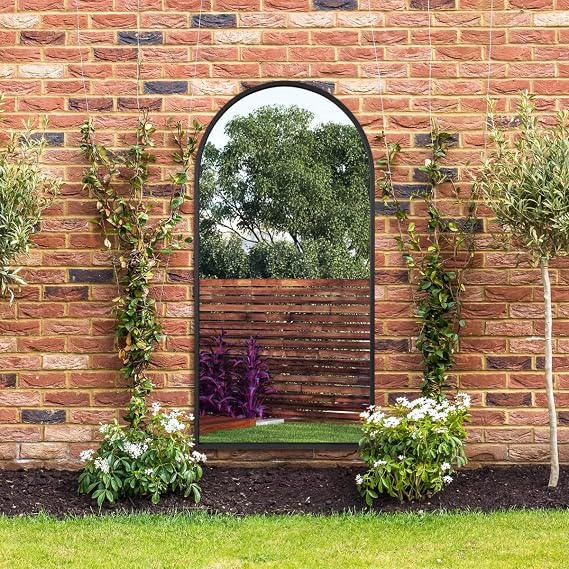 MirrorOutlet The Arcus - Black Framed Modern Full Length Arched Garden Wall Mirror 71" X 35" (180CM X 90CM) Silver Mirror Glass with Black All weather Backing.