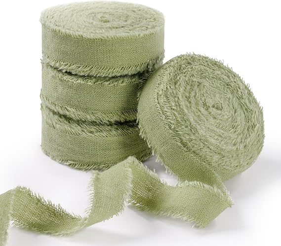 Natural Rustic Cotton Ribbon with Frayed Edge, Sage Green 100% Cotton Ribbon 1.6cmx 22m for Vintage Wedding Bouquets,Invitations,Baby Shower,Gift Wrapping,DIY Crafts,Home Decor