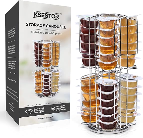 Ksestor Bartesian Capsule Holder - 48 Pod Rotating Carousel - Chrome | 360-degree Rotating Chrome Carousel for Bartesian Cocktail Maker-Countertop Pod Organizer Holds 48 Capsules, Space-Saving