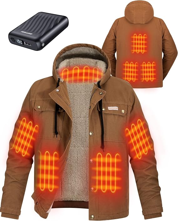 Men's Heated Jacket with 12V 18400mAh Battery Pack, Winter Thermal Hooded Work Coat for Men with Sherpa Lining