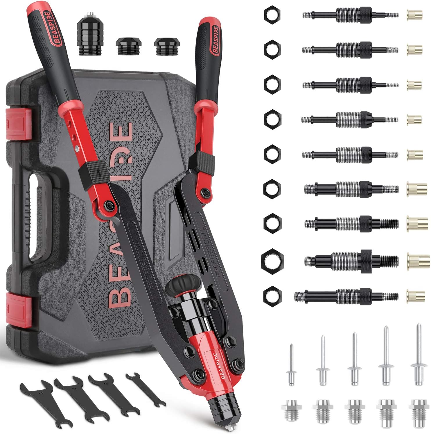 21 Rivet Nut Tool Kit 2 in 1, Beaspire Hand Rivet Nut Tool Blind Rivet Kit Folding Design, Professional Rivet Nut Setter Kit with 9 Metric & SAE Mandrels and 5 Sizes of Rivet Heads,Carrying Case