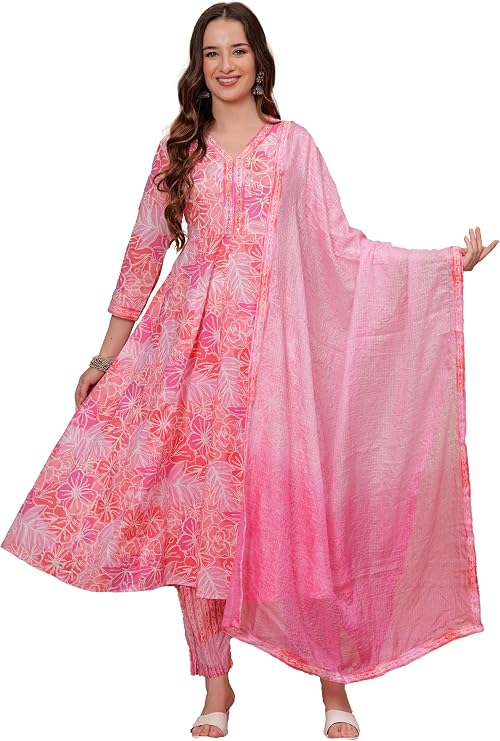 Women's Cotton Printed Anarkali Kurta With Palazzo & Dupatta Set IndianTunic