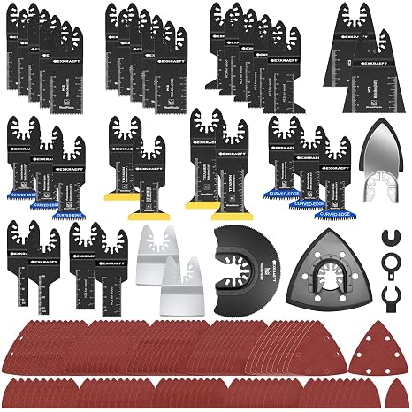 EXKRAEFT 136 PCS Multi Tool Blades Kit, Oscillating Blades with Sandpaper | Includes Titanium and Arc-edge Blades Plus Sandpaper for Wood and Metal; Fits DeWalt, Milwaukee and Ryobi Oscillating Tools.
