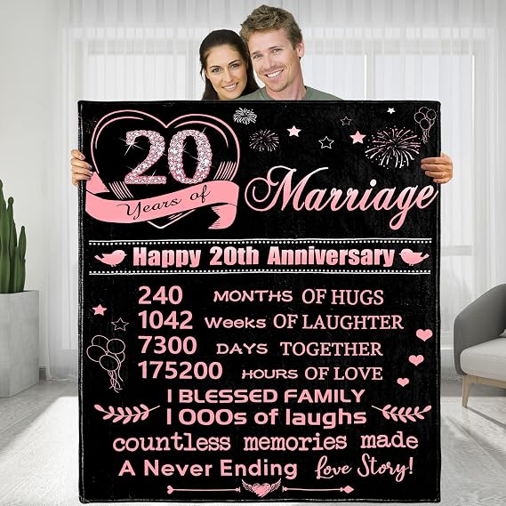 20 Years of Marriage Anniversary Blankets Gifts for Women, Happy 20th Anniversary Wedding Valentines Gift for Her Wife, Rose Gold Throw Blankets Gifts for Mom