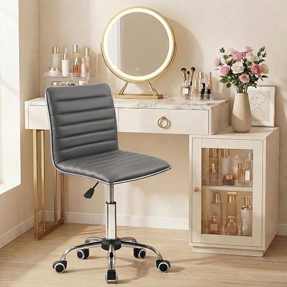JUMMICO Armless Vanity Office Chair with Wheels, Small Cute Makeup Desk Chair Ribbed Leather Swivel Computer Task Chair (Gray)
