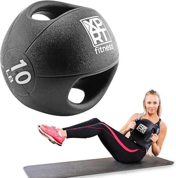 XPRT Fitness Amazon Listing Title 10 lb Medicine Ball with Dual Grip Handles - Textured Exercise Ball for Core Training, Crossfit, Strength Workout - Natural Rubber, Non-Slip Surface