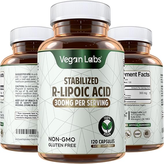 Vegan Labs Stabilized R-Lipoic Acid 300MG, 120 Vegan Capsules- Supports Cellular Energy and Antioxidant Protection- Gluten Free, Non-GMO, Stabilized Na R-ALA Supplement- 4 Month Supply