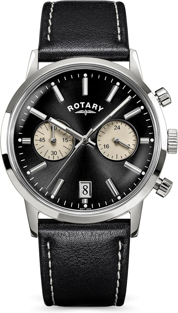Rotary Men's 1895 Stainless Steel Chronograph Black Leather Strap Watch