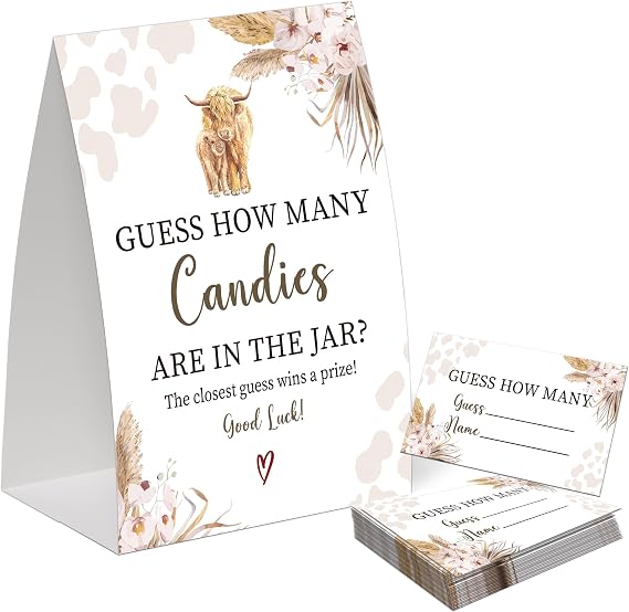 Boho Cow Guess How Many Candies Are in the Jar Game for Baby Shower, Pack of One 5x7 Sign and 50 Guessing Cards, Cow Baby Shower Decoration, Gender Neutral Party Supplies - GC05