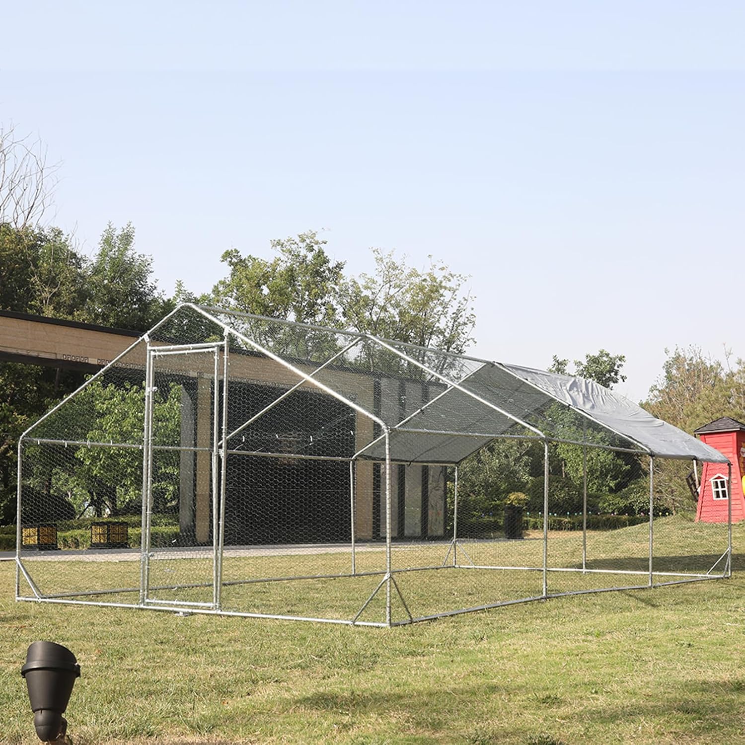 Large Metal Chicken Coop with Run, Walk-in Poultry Cage Chicken Runs House for Yard with Waterproof Cover, Chicken Rabbits Pens Habitat Cage, Spire-roofed Coop for Outdoor Farm, 10ft x 19.7ft x 6.4ft