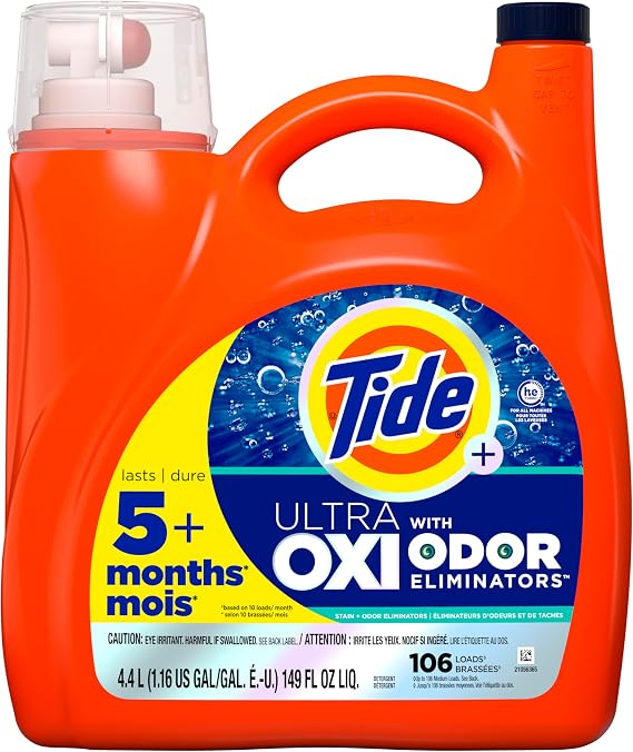 Tide Ultra Oxi with Odor Eliminators Liquid Laundry Detergent, 106 Loads, HE Compatible