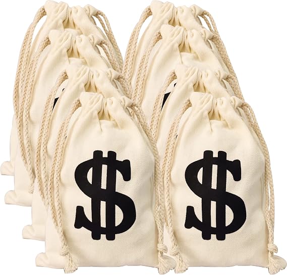 8pack 6.3 x 9 Inches Money Bags Money Bags Decor for Party Money Bag Dollar Sign Carrying Sack for Toy Party Favor, Bank Robber Pirate Cowboy Cosplay Theme Party