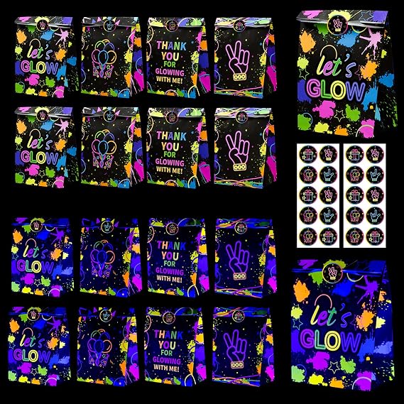 XJLANTTE Glow Neon Party Gift Bags - 20 Pcs Neon Goodie Bag Favor Bags with Stickers, Fluorescent Colored Paper Treat Bag for Birthday Family Union, Glow in The Dark Party Supplies