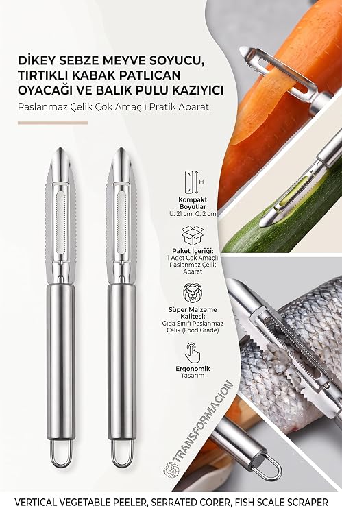 Transformacion 2 Lİ Pratik Dikey Sebze Meyve Kabuk Soyucu, Tırtıklı Kabak Patlıcan Oyacağı ve Balık Pulu Kazıyıcı Aparat Profesyonel Paslanmaz Çelik Çok Amaçlı Mutfak Aleti - 722018