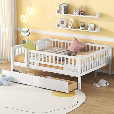 Harper & Bright Designs Full Size Daybed with Two Drawers, Wood Kids Full Platform Bed Frame with Storage and Rails, No Box Spring Needed, Easy Assembly White