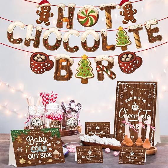 Hot Chocolate Bar Kit Hot Cocoa Banner Bar Kit Hot Chocolate Bar Supplies Sign Toppings Labels Cup Tags for Wintertime Holiday Christmas Party Baby It's Cold Outside Decor New Year Party