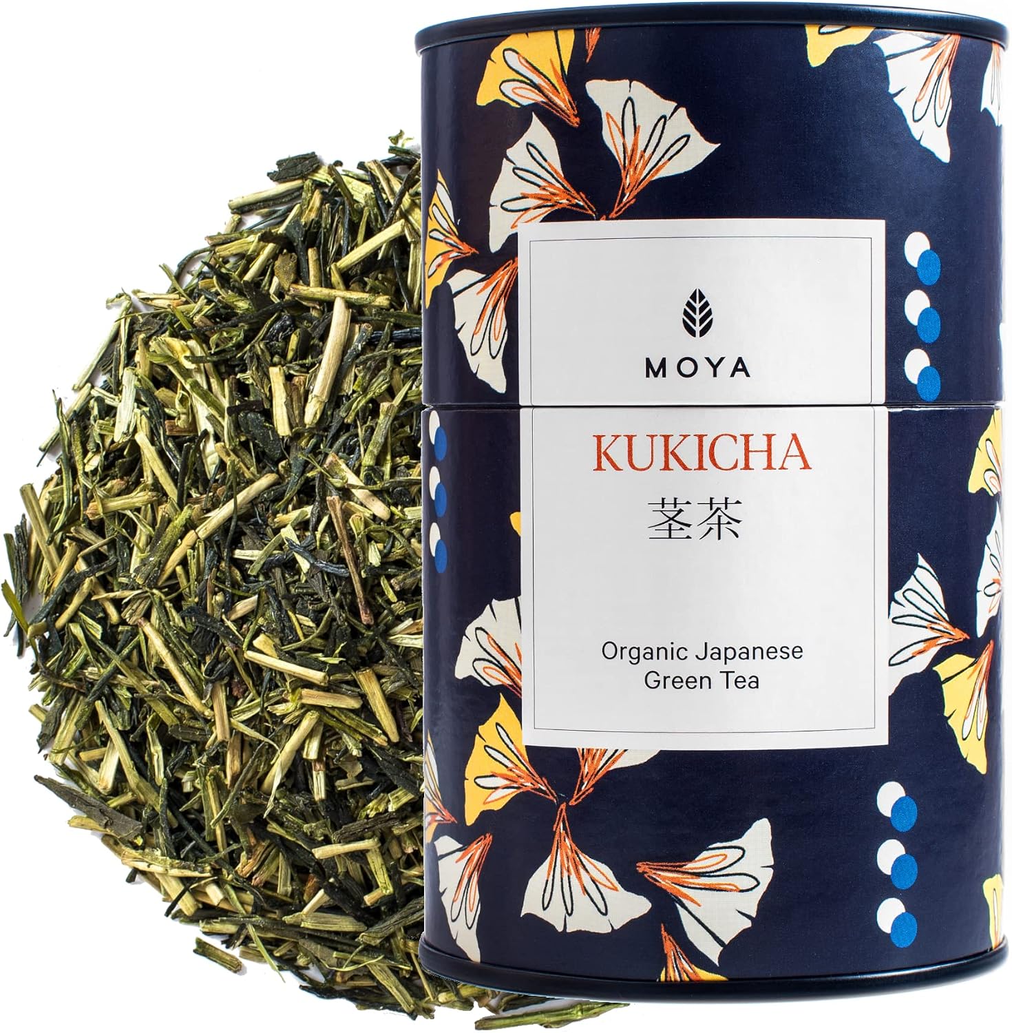 Moya Organic Japanese Kukicha Green Tea Loose Leaf | 60g | Tea from Japan | Friendly for Vegans and Vegetarians | Packed in Multicolored Carton Tin | Perfect for a Gift