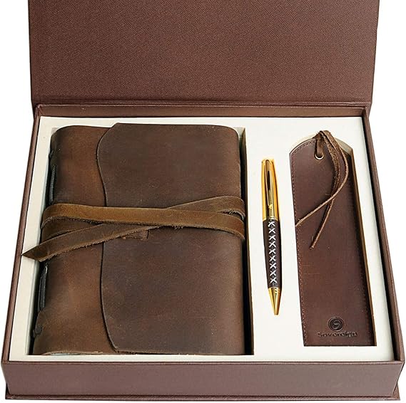 Leather Journal Gift Set Handmade Antique Leather Bookmark + Pen, Rustic Writing Notebook Present With Box Unlined Bound Daily Notepad For Men & Women, Travel Diary Ideal To Write In 18x13cm