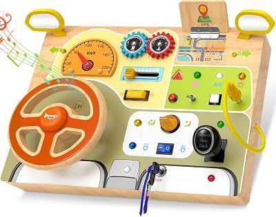 Montessori Toddler Toys - Baby Wooden Busy Board - Sensory Toy with Light Switch - Travel Toy for Educational Toys-Steering Wheel Toy