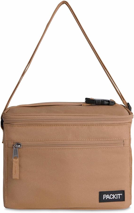 PackIt Freezable Essential Lunch Cooler, Almond | Built-in ice packs, EcoFreeze+ Technology, Adjustable strap, Front zipper pocket, Side mesh pocket, Collapsible, Reusable