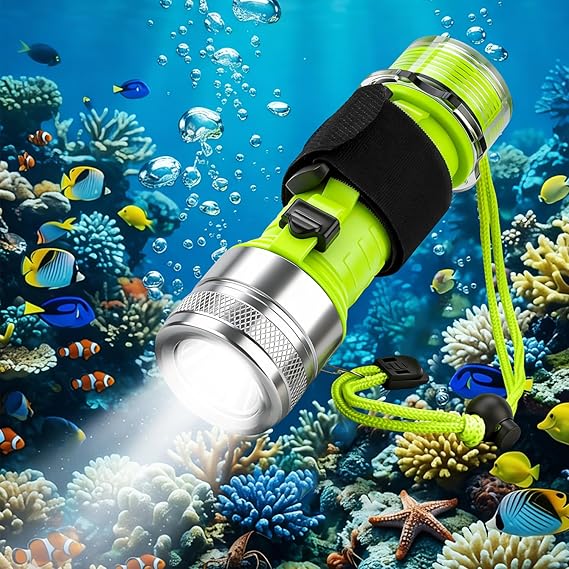 Diving Flashlight Underwater LED Light, 1500 Lumen & 3 Modes IPX8 Waterproof Flashlight, Rechargeable Torch Scuba Dive Light Water Lights for Night Diving Snorkeling Outdoor Sports(Silver)