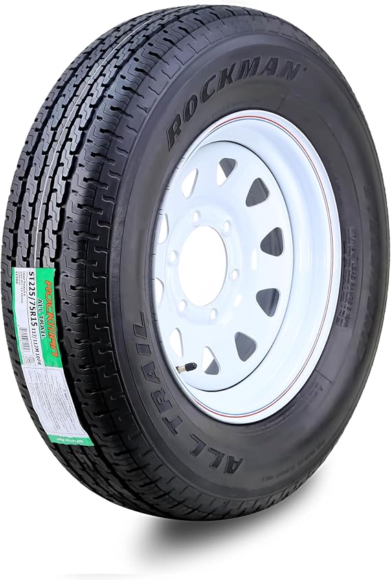 Trailer Tire Wheel ST225/75R15 10-Ply E 117M 6X5.5 White Spoke Rim | Assembly with 6 Lug on 5.5" PCD White Spoke Rim
