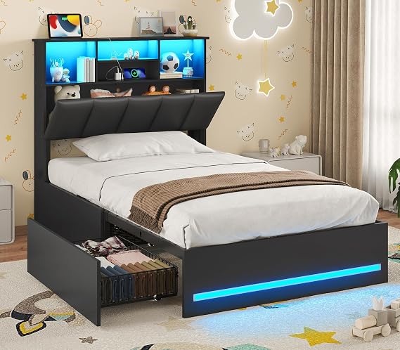 VIAGDO Twin Bed Frames with Bookcase Headboard, Wooden Bed Frame Twin Size with Charging Station, 4 Storage Drawers and LED Lights, LED Bed Frame with Type-C and USB, No Box Spring Needed, Black