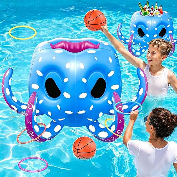 Octopus Pool Toys Basketball Hoop & Ring Toss Games for Kids Ages 4-8 8-12 | 2-in-1 Inflatable Water Floats Summer Toys, Cool Swimming Pool Games for Boys Girls Family Outdoor Backyard Beach Party Gift