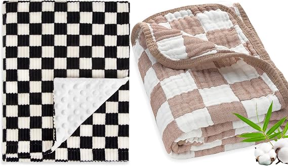 2 Pack Checkerboard Baby Blanket for Boys Black 30x40 Inches + Muslin Baby Blanket Neutral Versatile 6 Layers Coffee Checkered 43 x 43 Inches