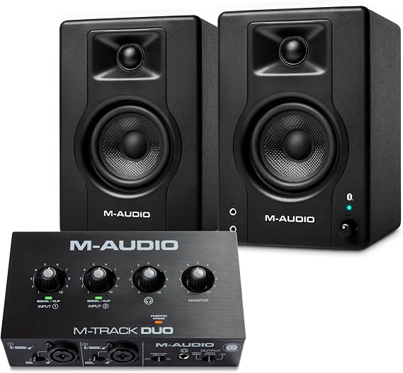 M-AUDIO BX3 Pair Bluetooth Studio Monitors Bundle with Dual XLR Audio Interface for Studio Recording, Music Production, Podcasting, Streaming