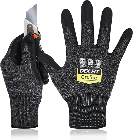 DEX FIT Level 5 Cut Resistant Gloves Cru553 Anti-Static, 3D Comfort Fit A5 Safety Work Gloves with Grip, Thin Touchscreen Gloves for Warehouse, Package Handling, Glass Handling, BlackGray, XXL, 1 Pair