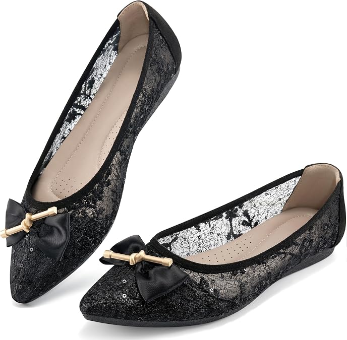 Flats for Women Dress Shoes: Comfortable Pointed Toe Bowknot Lace Ballet Flats Dressy - Fashion Floral Slip On Casual Shoes for Wedding Party Dating