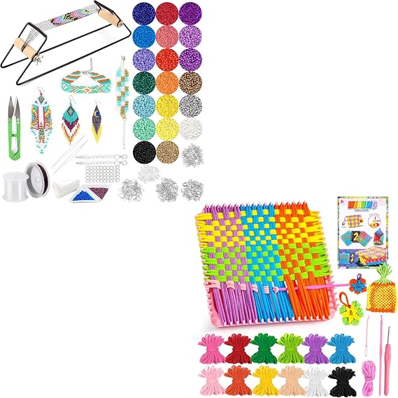 PP OPOUNT Bead Loom Kit with 9700 PCS Seed Beads, Tray, Scissors Making Accessories & 7.3" Potholder Loom Kit with 432 Craft Loops in 12 Colors for Kids DIY Potholders, Friendship Bracelets