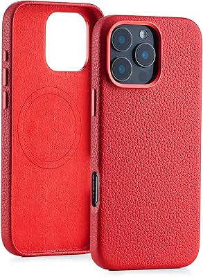 QUARK Genuine Leather Case for iPhone 16 Pro Max Compatible with MagSafe, Premium Grain Leather Protective Case for iPhone 16 Pro Max 6.9-inch, Metal Buttons and Camera Bezel, Ruby