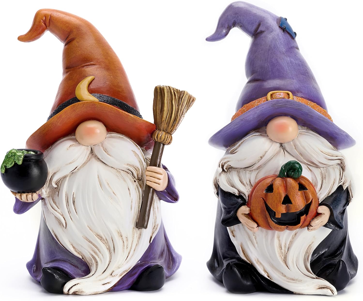 Valery Madelyn Gnomes Halloween Decorations Indoor, 2 Pcs Resin Gnome Decor for Home with Witch Hat Broom Jack O Lantern Moon, Halloween Figurines Elf Dwarf for Table Tiered Tray Outdoor, 6.3"