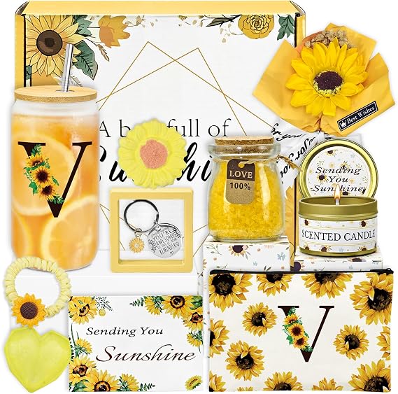Amgkonp 12pcs Personalized Gifts for Women,Sunflower Initial Glass Cup,Sunshine Get Well Soon for Teacher,Mom,Her,Sister,Birthday Gifts for Women-V