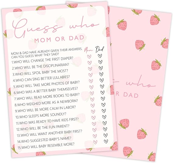 Baby Shower Games for Girl, Strawberry Guess Who Mom or Dad, 25 Double-Sided Hilarious Baby Shower Games for Gender Reveal Party Decorations Supplies Announcement - E01