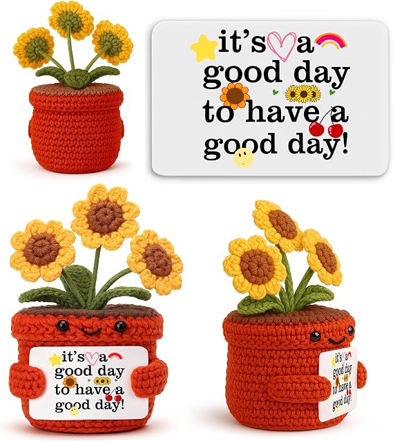 Crochet Sunflower Desk Decor, Handmade Cute Plant Plush with Positive Quote Card, Encouragement Gift for Student Teacher Coworker, Inspirational Best Friend Mom Room Decoration