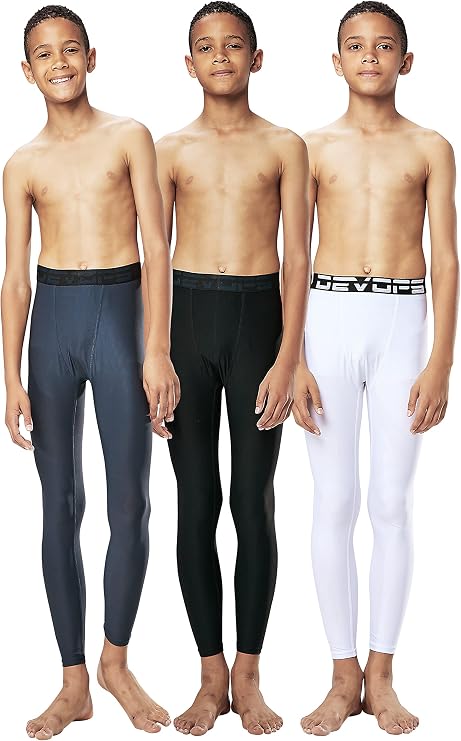 DEVOPS 3 Pack Boys Compression Leggings,Youth Athletic Compression Pants,Boys Base Layer Pants Sports Legging