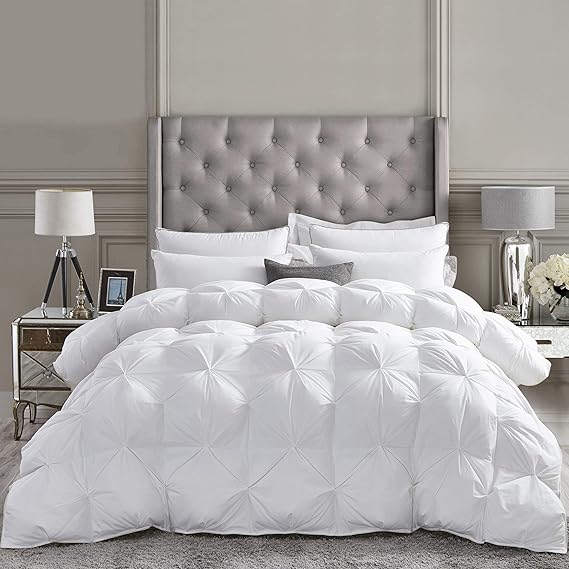 Luxurious All-Season Goose Down Fiber Waterfowl Feather Fiber Comforter King Size Duvet Insert, Exquisite Pinch Pleat Design, Premium Baffle Box, 100% Cotton Cover, 65 oz. Fill Weight, White Color